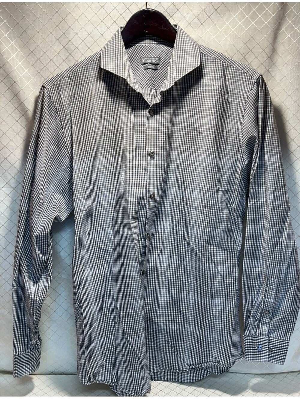 Kenneth Cole Reaction Checkered Button Down 15.5 32-33 Slim